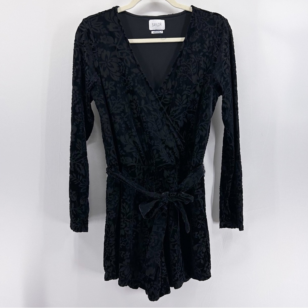 Revolve Saylor Black Burnout Velvet Floral Long Sleeve Romper Small